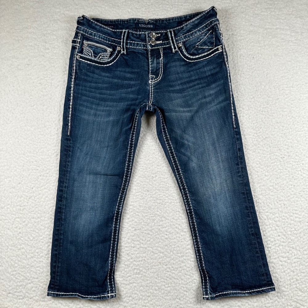 Vigoss The Dublin Capri Womens Dark Wash Contrast Stitch Jeans 9/10 Blue McBling